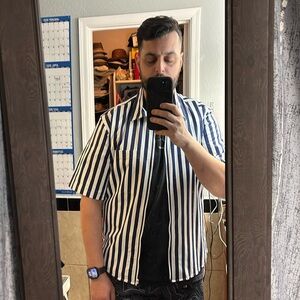 Large blue and white stripped Bowling shirt